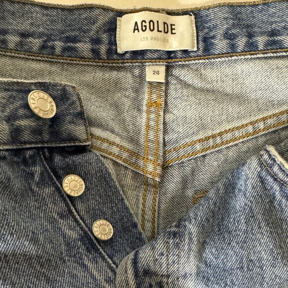 Agolde High Waisted Washed Blue Denim Button Fly Ripped Straight Jeans size 26 - Picture 11 of 11